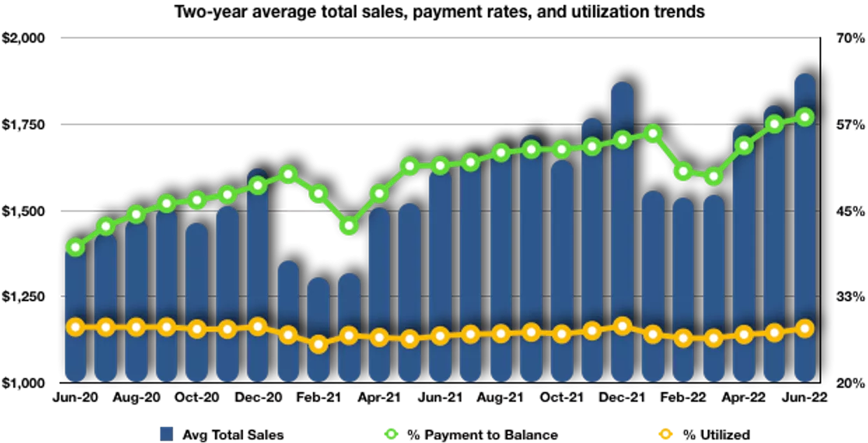Two-year average total sales, payment rates, and utilization trends
