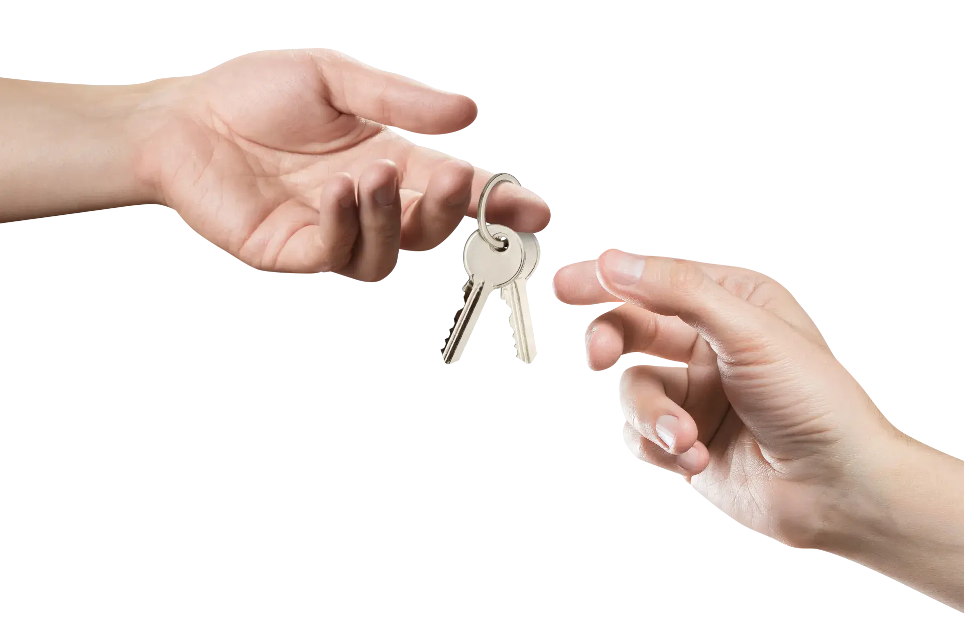 two hands reaching for a pair of metal keys beind handed to the other